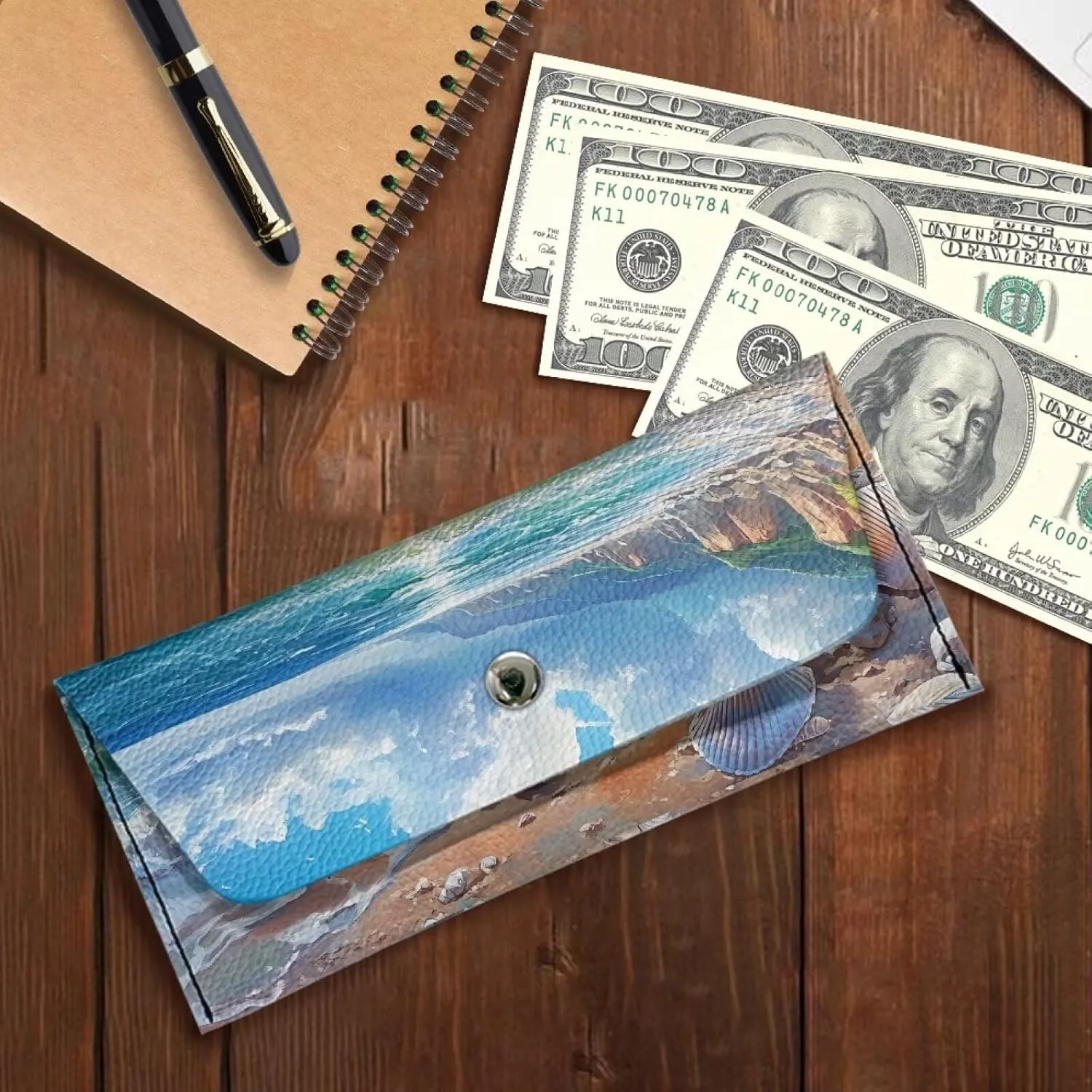 Beach Stylish PU Leather Billfold Wallet for Women Men Travel Wallet Long Coin Purse Clutch Bag Slim Long Billfold Clutch Wallets Case Portable Travel Bag