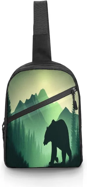 Bear in Misty Mountain Forests Chest Bag Foldable Crossbody Unisex Pack Travel Hiking Adjustable Shoulder Straps Sling Bags