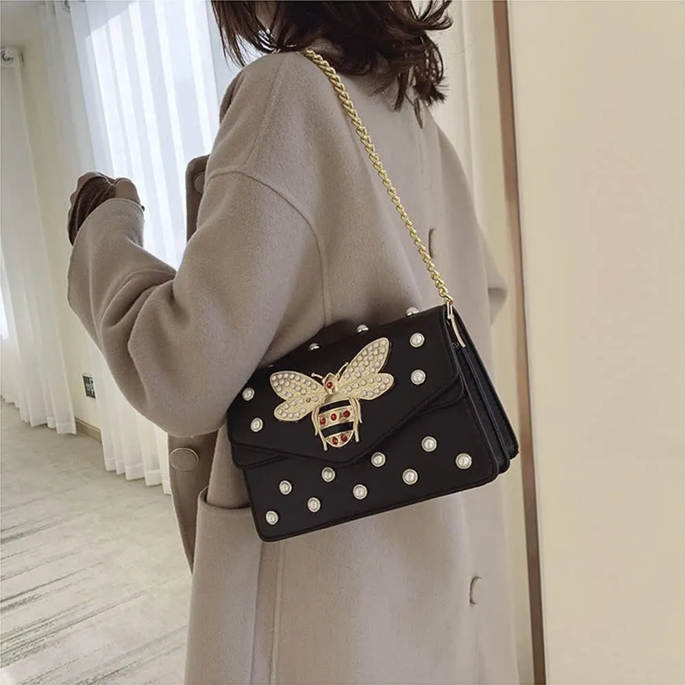 Beatfull Designer Bee Purse Fashion Crossbody Bags with Pearl for Women Pu Leather Shoulder Clutch Handbags