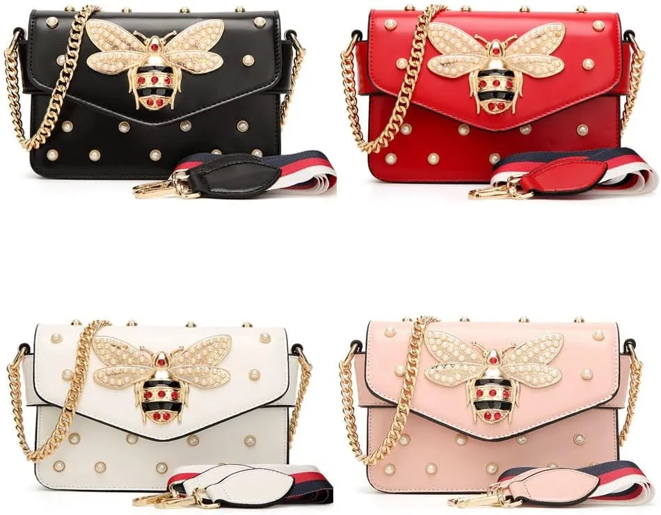 Beatfull Designer Bee Purse Fashion Crossbody Bags with Pearl for Women Pu Leather Shoulder Clutch Handbags