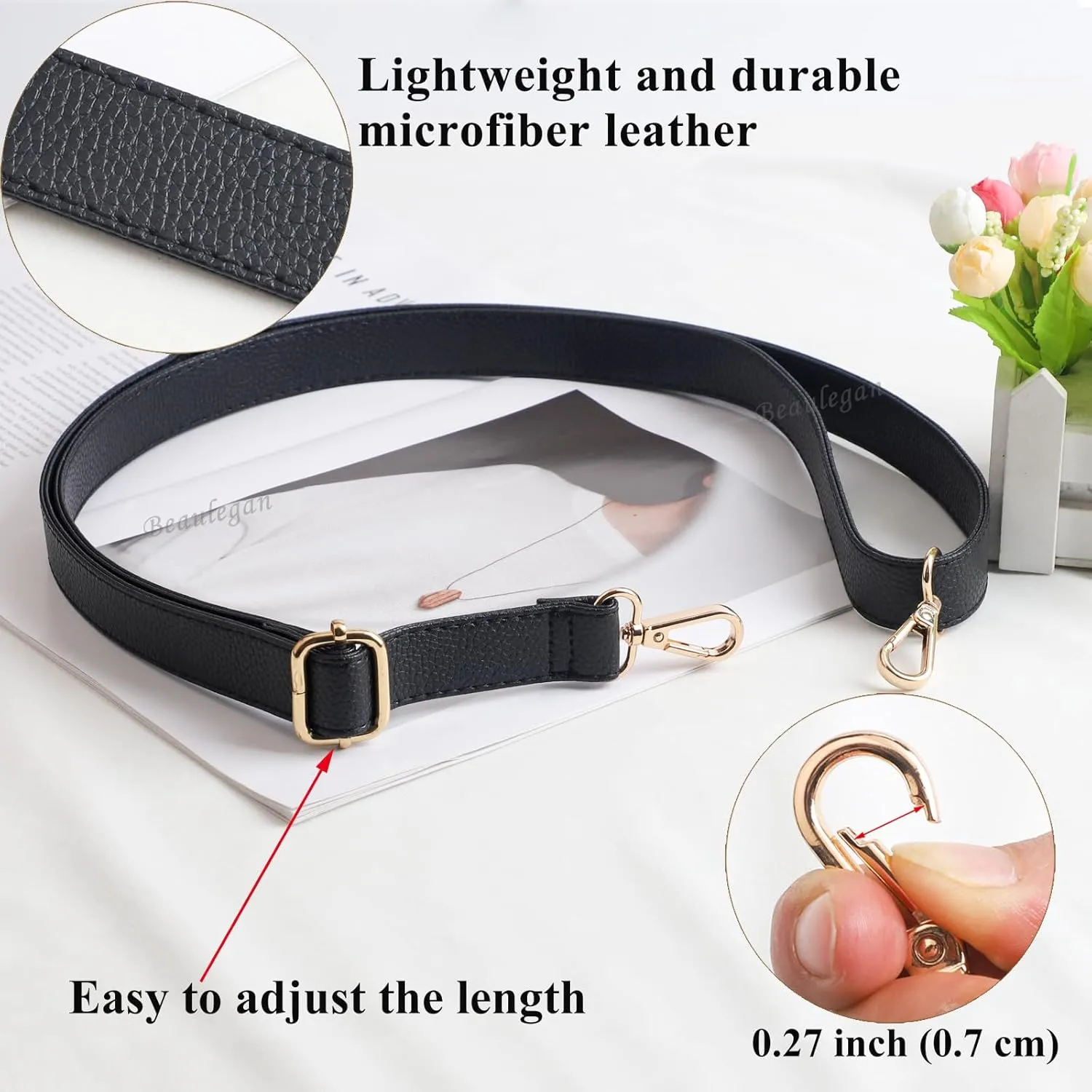 BEAULEGAN Purse Strap Replacement - Full Grain Microfiber Leather - 59 Inch Long Adjustable for Crossbody Shoulder Bag - 1 Inch Wide, Black/Silver