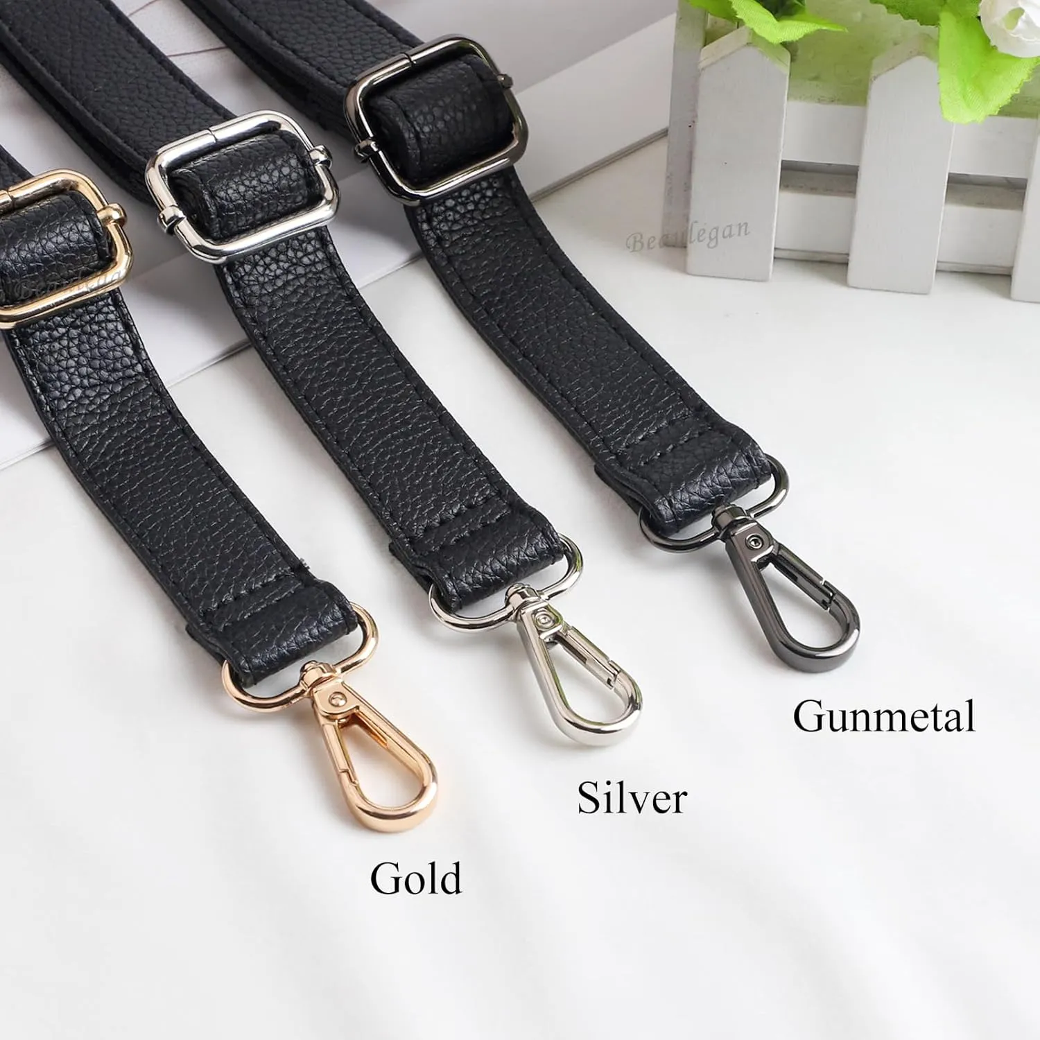 BEAULEGAN Purse Strap Replacement - Full Grain Microfiber Leather - 59 Inch Long Adjustable for Crossbody Shoulder Bag - 1 Inch Wide, Black/Silver