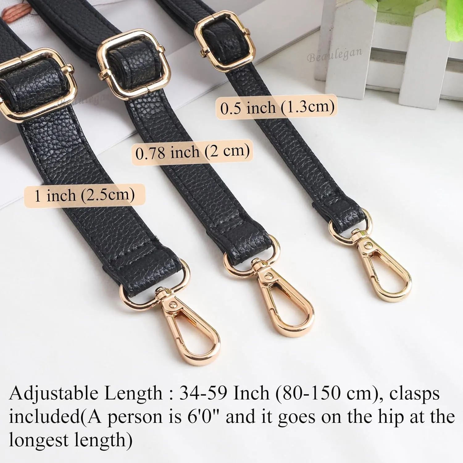 BEAULEGAN Purse Strap Replacement - Full Grain Microfiber Leather - 59 Inch Long Adjustable for Crossbody Shoulder Bag - 1 Inch Wide, Black/Silver