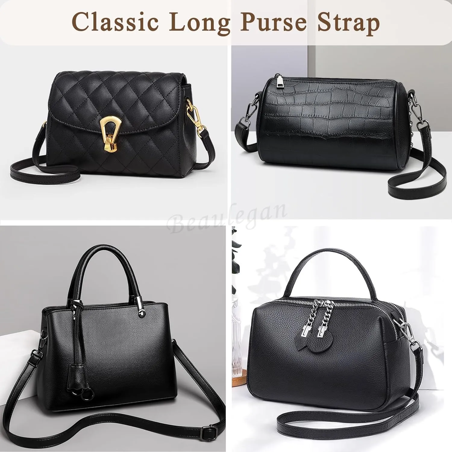 BEAULEGAN Purse Strap Replacement - Full Grain Microfiber Leather - 59 Inch Long Adjustable for Crossbody Shoulder Bag - 1 Inch Wide, Black/Silver
