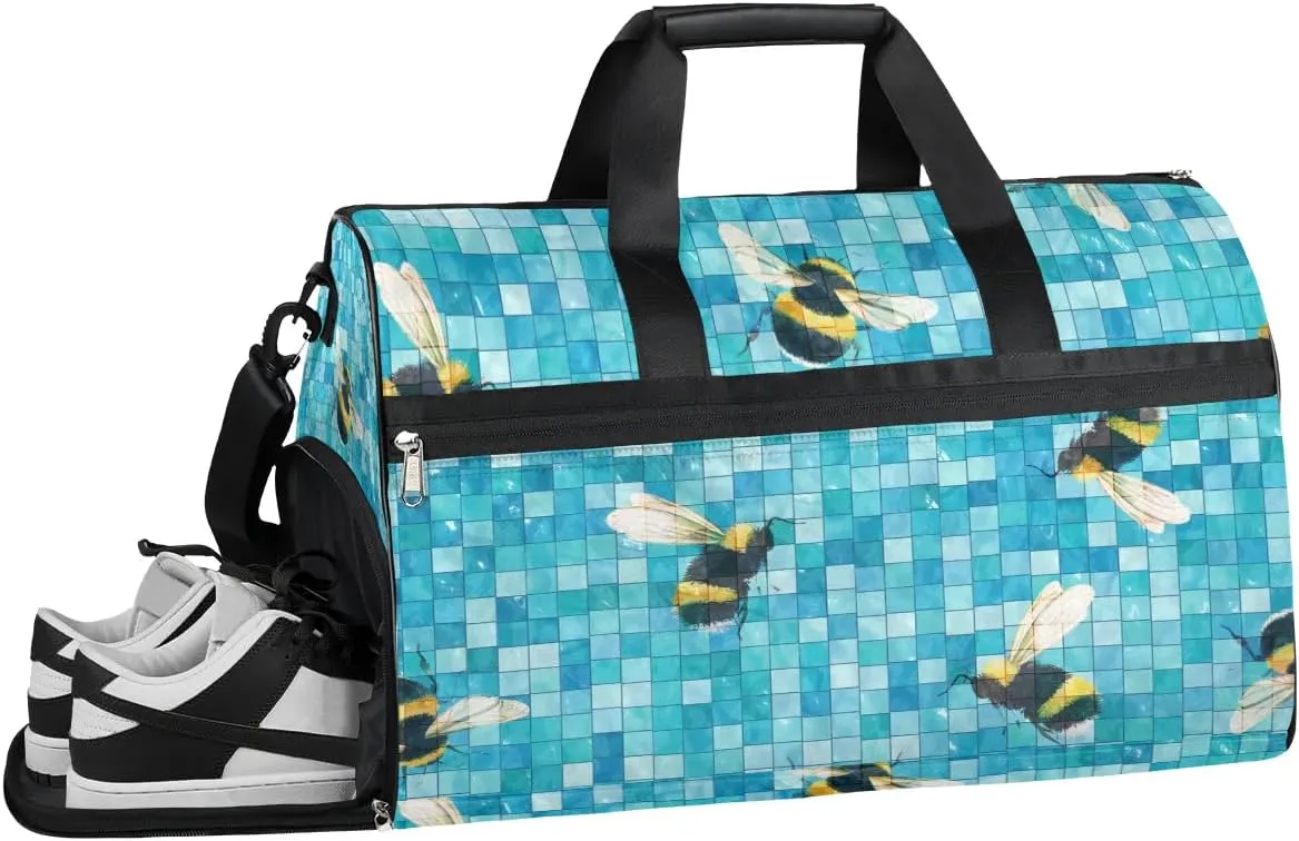 Bee Funny Design Gym Bag for Women Duffle with Shoes Compartment Men Weekender Duffel Bags for Travel Sports Swimming Overnight Dance