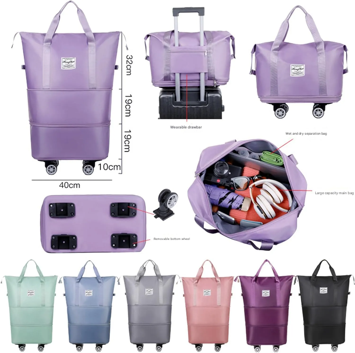 Beente Travel Bag with Wheels, 2025 New Large Capacity Travel Bag - Universal Wheel Removable (Dark Purple)