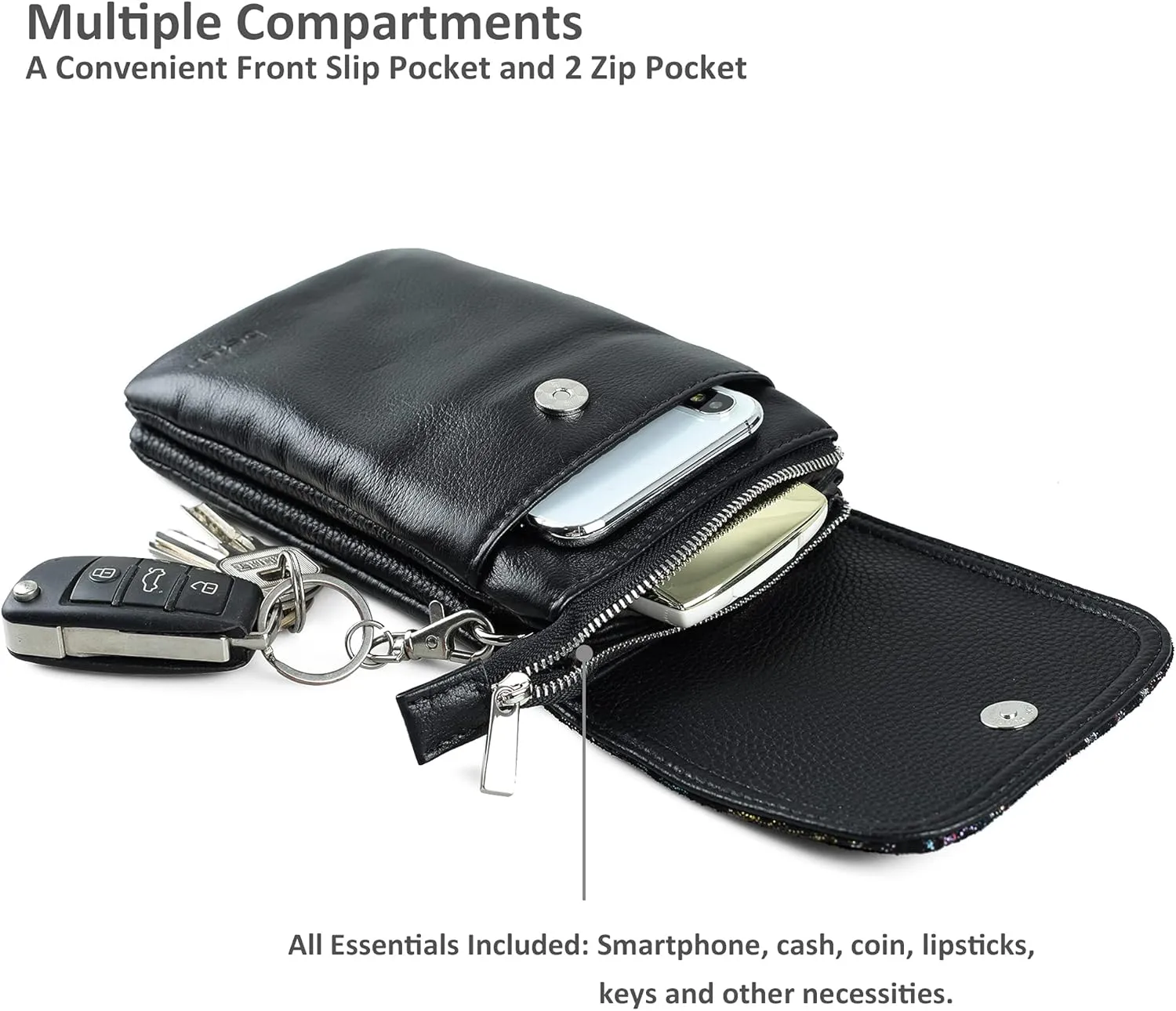 befen Genuine Leather Small Crossbody Bags for Women Cell Phone Bag Cross Body Purses,Silver Zipper