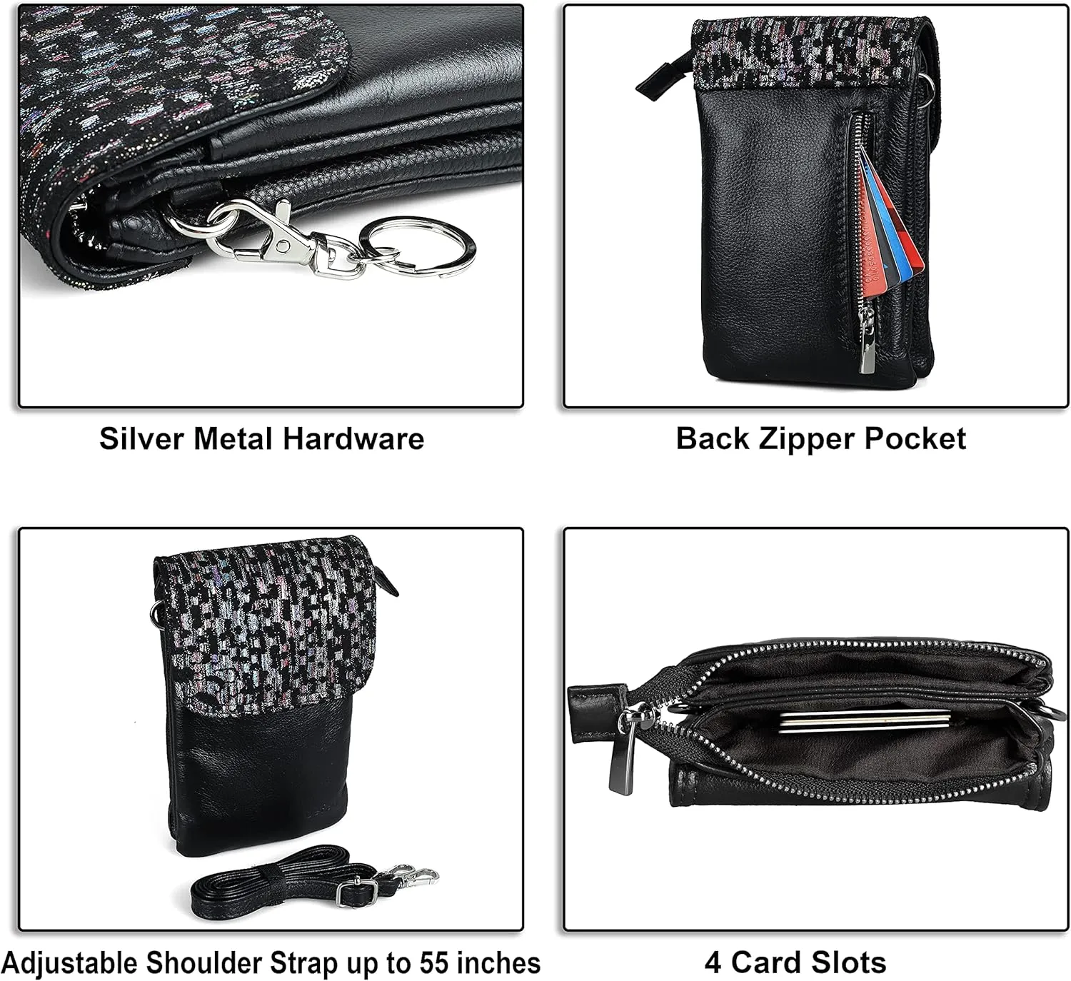 befen Genuine Leather Small Crossbody Bags for Women Cell Phone Bag Cross Body Purses,Silver Zipper