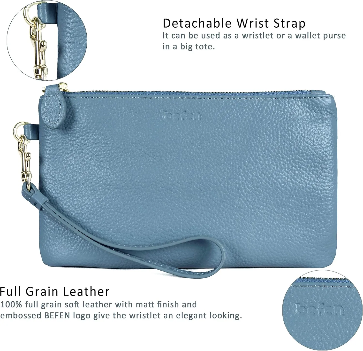 befen Women's Genuine Italian Leather Wristlet Clutch Wallet Purse, Gold Zipper