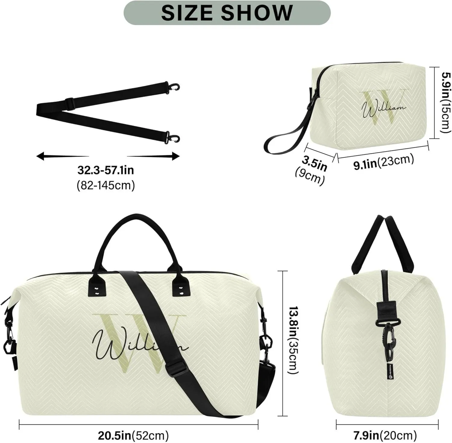 Beige Custom Travel Duffel Bag with Toiletry Bag Personalized Weekender Bag for Travel Business Sports Large Overnight Bag Gym Duffel Bag for Women & Men