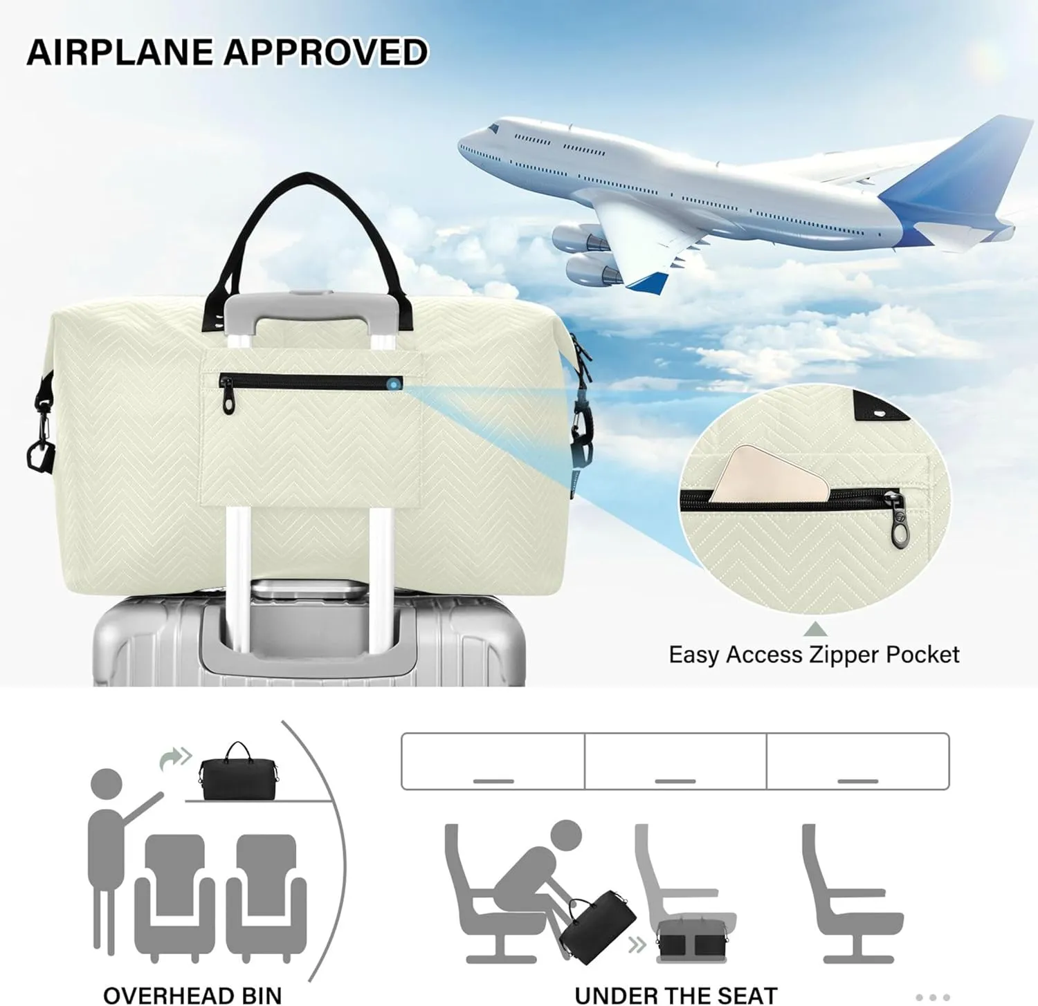 Beige Custom Travel Duffel Bag with Toiletry Bag Personalized Weekender Bag for Travel Business Sports Large Overnight Bag Gym Duffel Bag for Women & Men