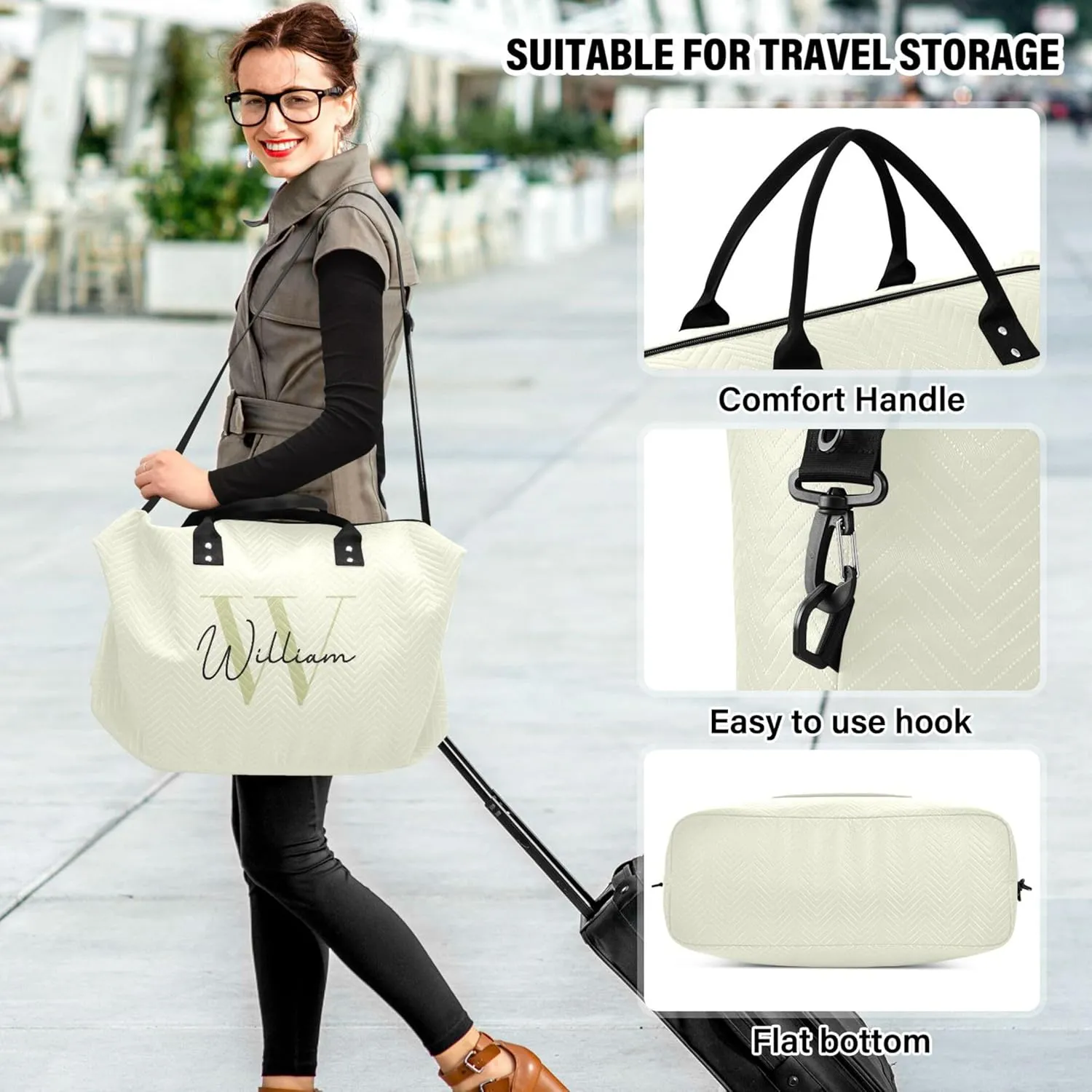 Beige Custom Travel Duffel Bag with Toiletry Bag Personalized Weekender Bag for Travel Business Sports Large Overnight Bag Gym Duffel Bag for Women & Men