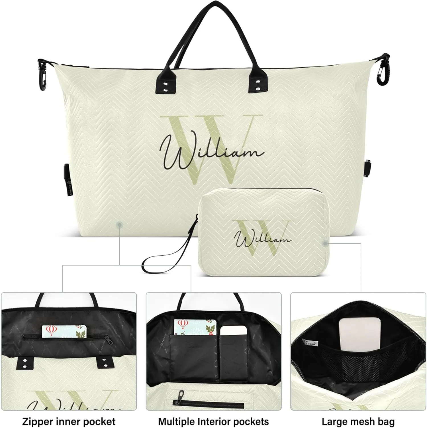 Beige Custom Travel Duffel Bag with Toiletry Bag Personalized Weekender Bag for Travel Business Sports Large Overnight Bag Gym Duffel Bag for Women & Men