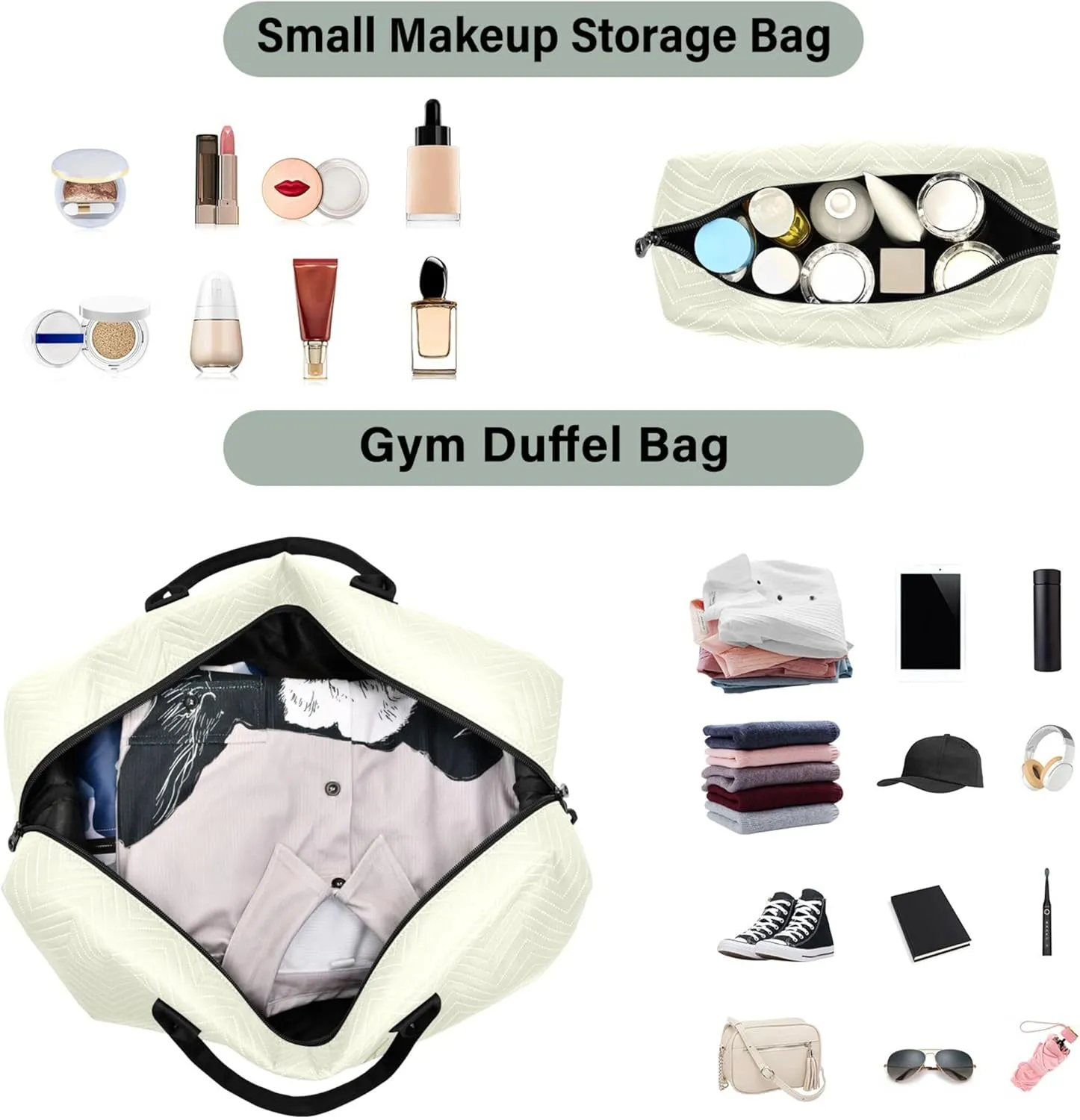 Beige Custom Travel Duffel Bag with Toiletry Bag Personalized Weekender Bag for Travel Business Sports Large Overnight Bag Gym Duffel Bag for Women & Men