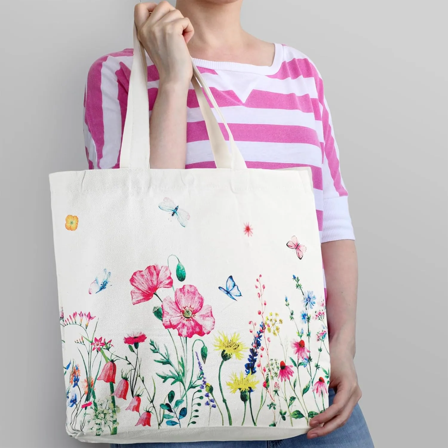 Bencailor 6 Pcs Summer Floral Book Lovers Canvas Tote Bags Bulk Reusable Wildflowers Tote Bags for Women Vacation Shopping
