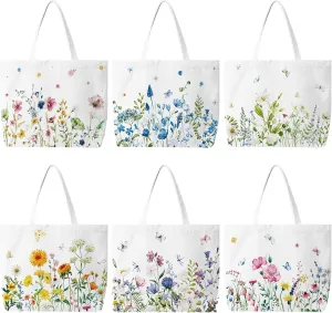 Bencailor 6 Pcs Summer Floral Book Lovers Canvas Tote Bags Bulk Reusable Wildflowers Tote Bags for Women Vacation Shopping