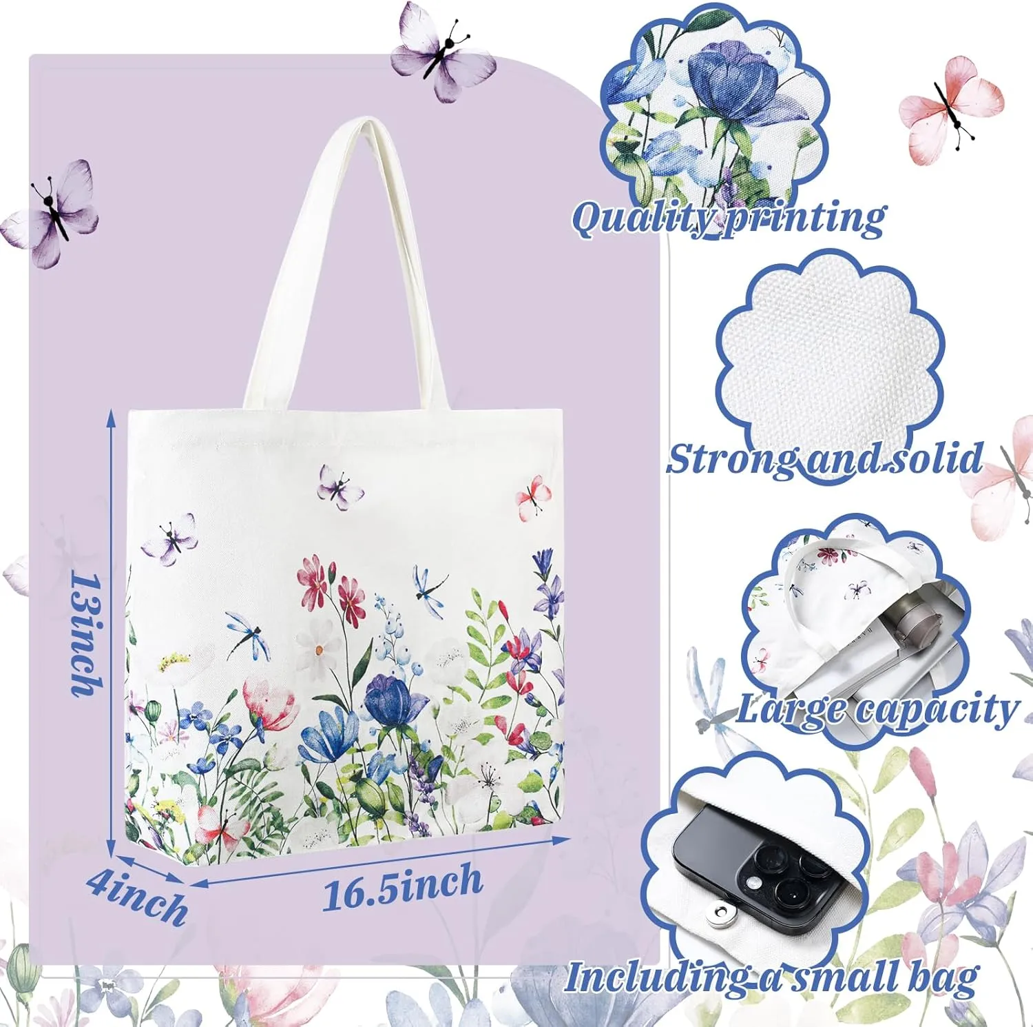 Bencailor 6 Pcs Summer Floral Book Lovers Canvas Tote Bags Bulk Reusable Wildflowers Tote Bags for Women Vacation Shopping