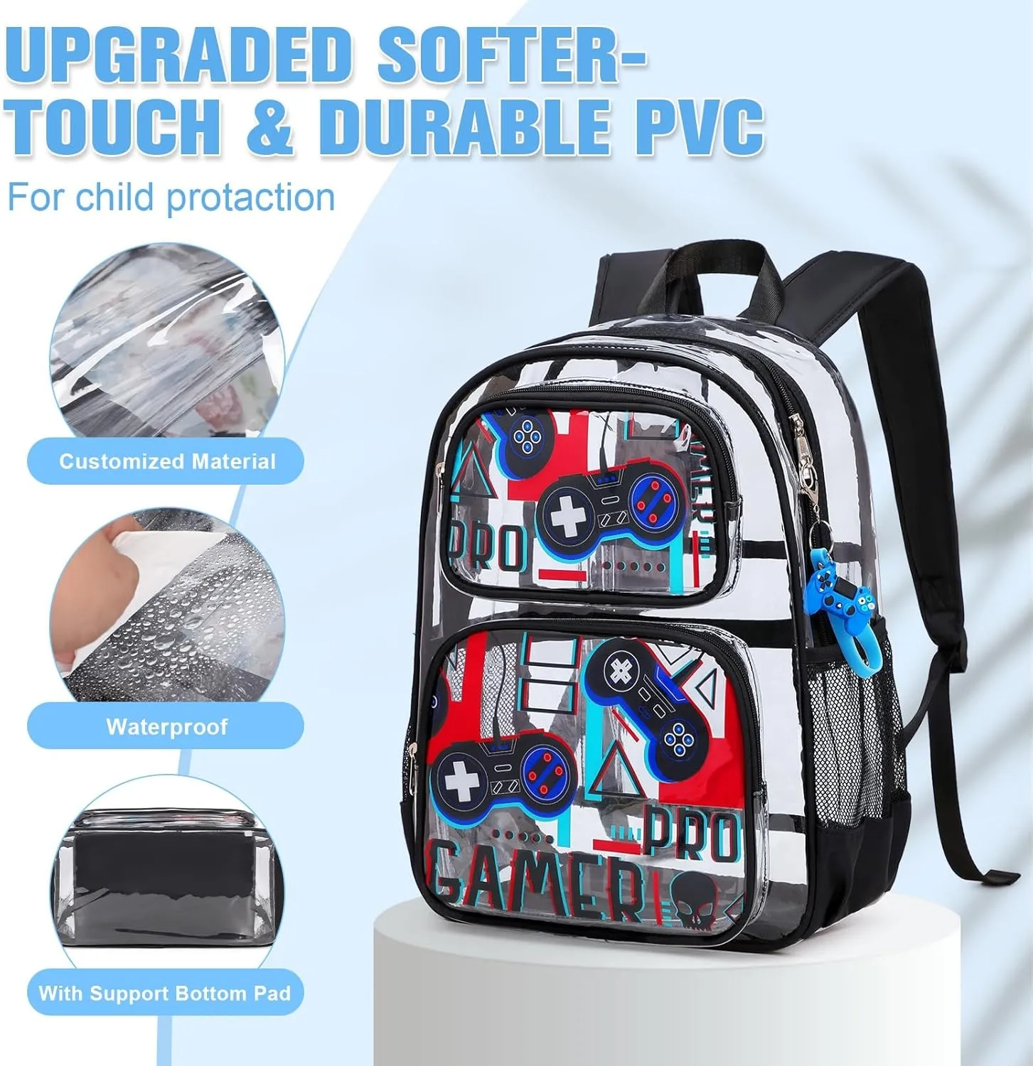 Bevalsa Clear Gaming Backpack for Boys Girls Kids, Transparent Backpack with Lunch Bag & Pen Case for Toddler Kindergarten Elementary, Heavy Duty See Through Bookbag Stadium Approved (Black Red)