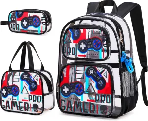 Bevalsa Clear Gaming Backpack for Boys Girls Kids, Transparent Backpack with Lunch Bag & Pen Case for Toddler Kindergarten Elementary, Heavy Duty See Through Bookbag Stadium Approved (Black Red)