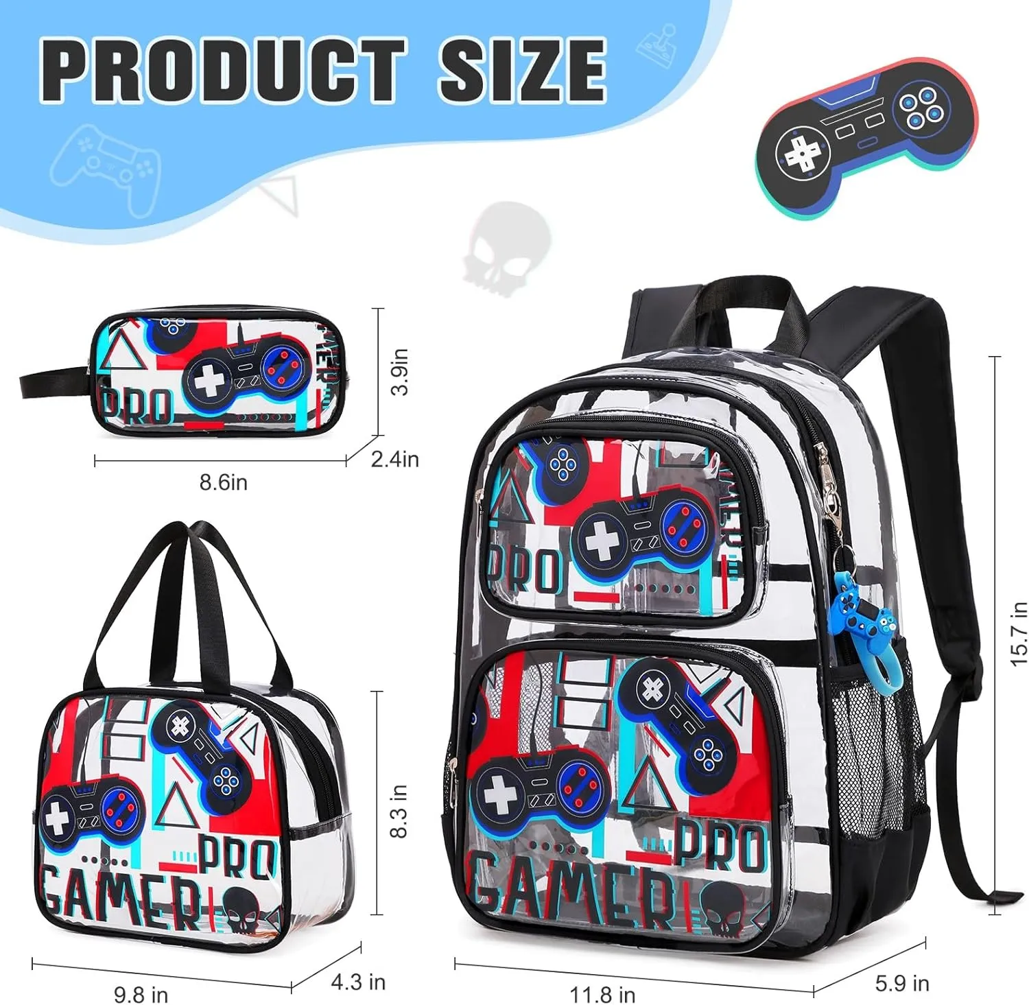 Bevalsa Clear Gaming Backpack for Boys Girls Kids, Transparent Backpack with Lunch Bag & Pen Case for Toddler Kindergarten Elementary, Heavy Duty See Through Bookbag Stadium Approved (Black Red)