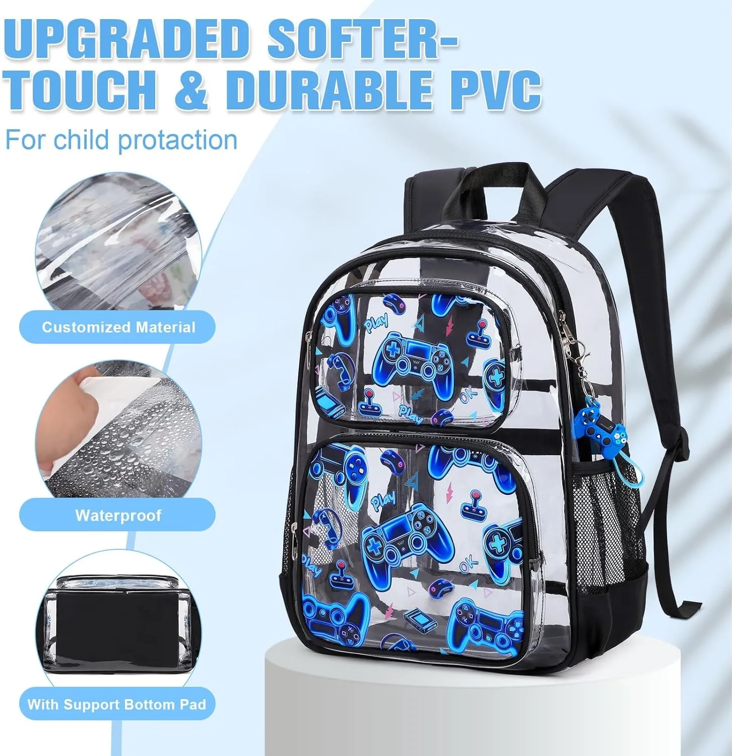 Bevalsa Clear Gaming Backpack for Boys Girls Kids, Transparent Backpack with Lunch Bag & Pen Case for Toddler Kindergarten Elementary School, Heavy Duty See Through Bookbag Stadium Approved (Blue)
