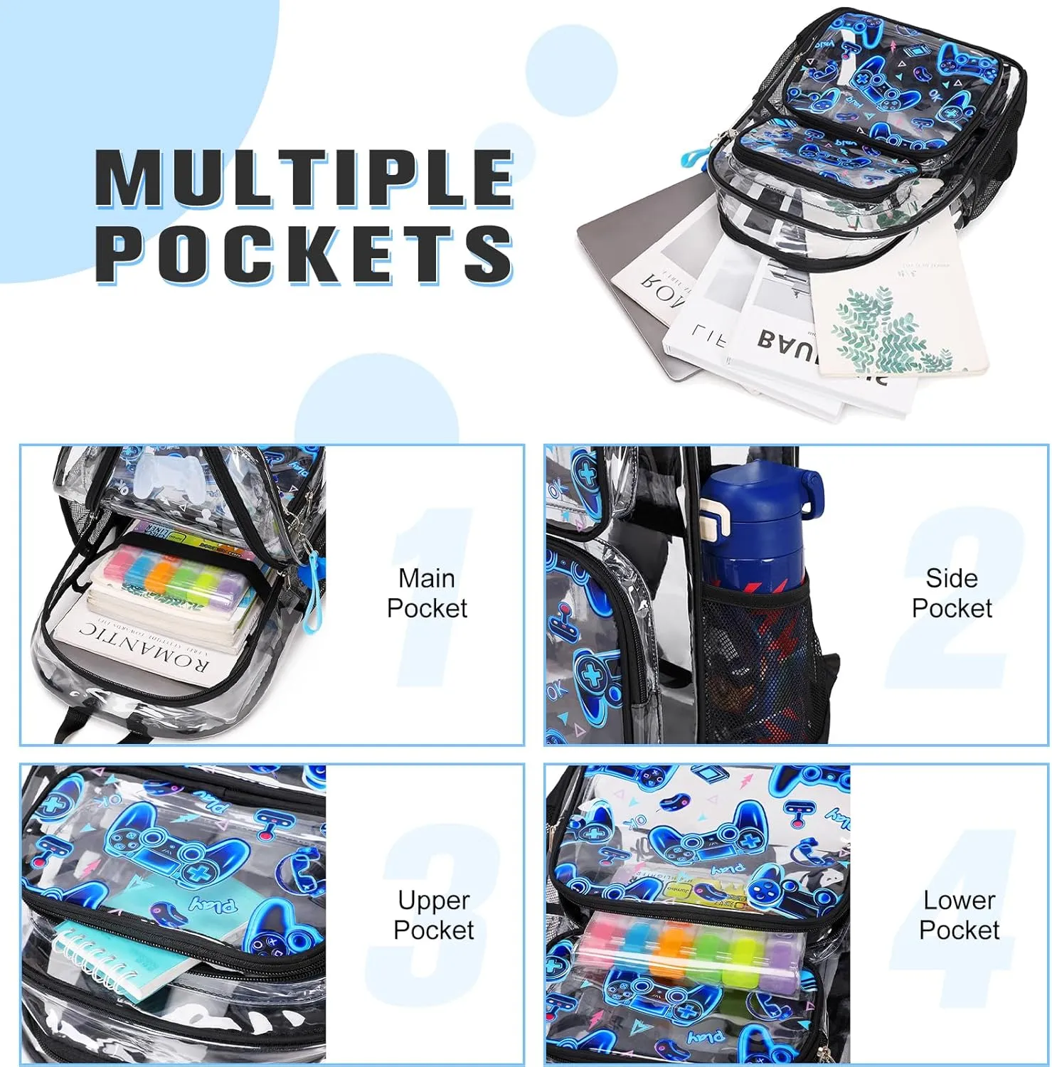 Bevalsa Clear Gaming Backpack for Boys Girls Kids, Transparent Backpack with Lunch Bag & Pen Case for Toddler Kindergarten Elementary School, Heavy Duty See Through Bookbag Stadium Approved (Blue)