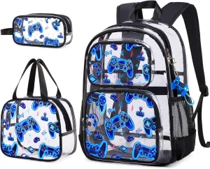 Bevalsa Clear Gaming Backpack for Boys Girls Kids, Transparent Backpack with Lunch Bag & Pen Case for Toddler Kindergarten Elementary School, Heavy Duty See Through Bookbag Stadium Approved (Blue)