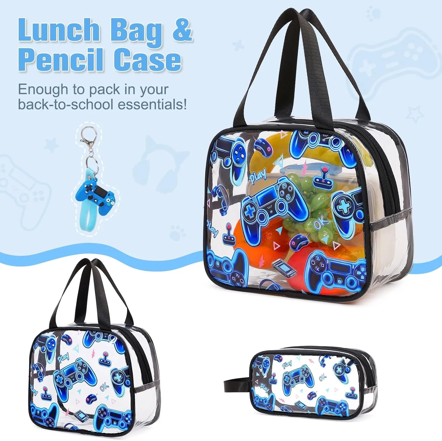 Bevalsa Clear Gaming Backpack for Boys Girls Kids, Transparent Backpack with Lunch Bag & Pen Case for Toddler Kindergarten Elementary School, Heavy Duty See Through Bookbag Stadium Approved (Blue)