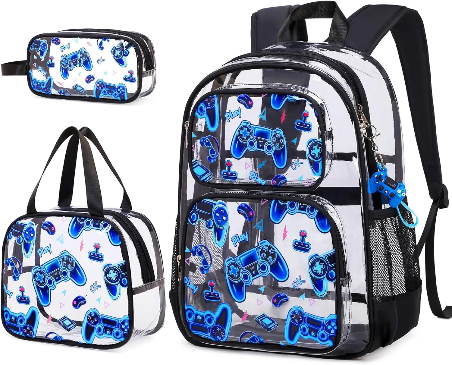 Bevalsa Clear Gaming Backpack for Boys Girls Kids, Transparent Backpack with Lunch Bag & Pen Case for Toddler Kindergarten Elementary School, Heavy Duty See Through Bookbag Stadium Approved (Blue)