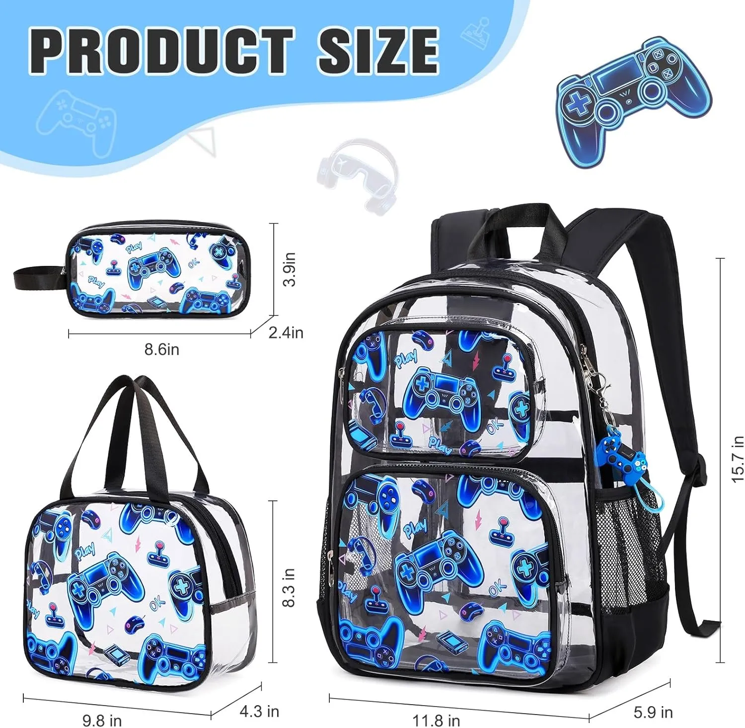Bevalsa Clear Gaming Backpack for Boys Girls Kids, Transparent Backpack with Lunch Bag & Pen Case for Toddler Kindergarten Elementary School, Heavy Duty See Through Bookbag Stadium Approved (Blue)