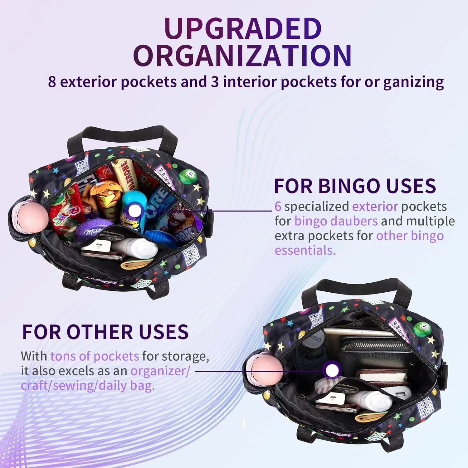 Bingo Bag with Pockets for Bingo Daubers Dabbers Dobbers Black Bingo Bags for Bingo Stuff Supplies Bingo Night Accessories for Adults Seniors Elderly Bingo Game Prizes for Bingo Lovers Players Bag