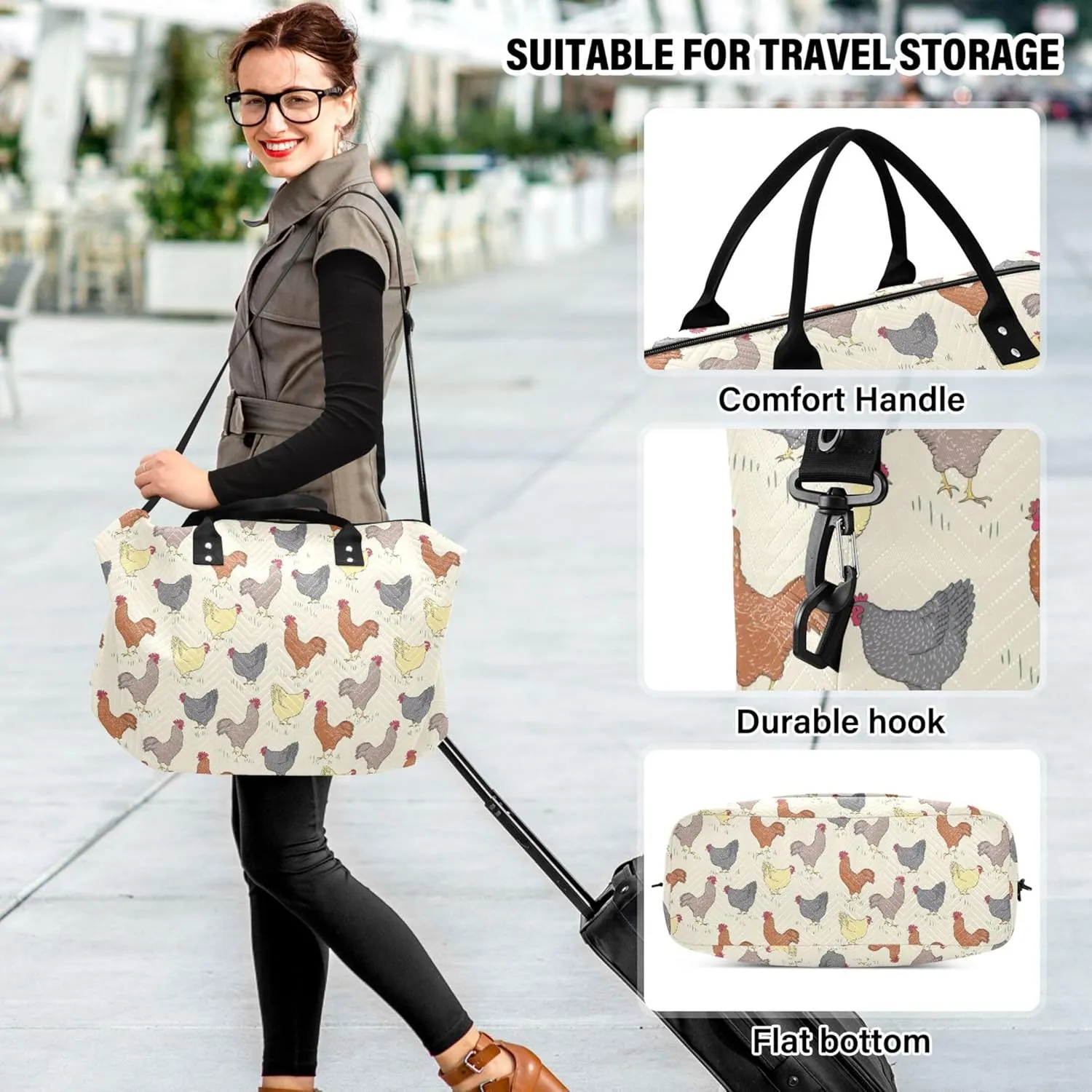 Bird Rooster Chicken Beige Farm Duffle Bags Travel Cosmetic Pouch Set, Fun Sports Duffle Bag Overnight Bags