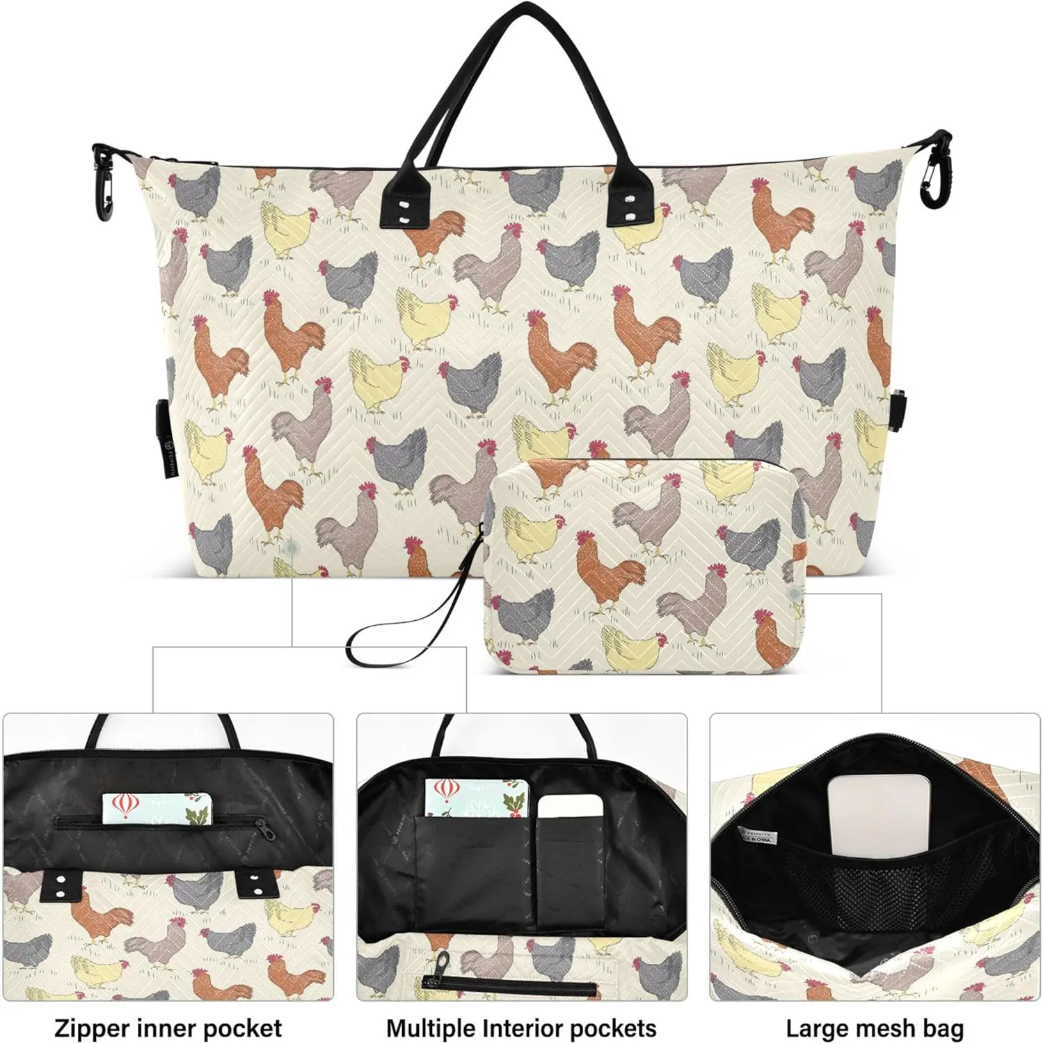 Bird Rooster Chicken Beige Farm Duffle Bags Travel Cosmetic Pouch Set, Fun Sports Duffle Bag Overnight Bags