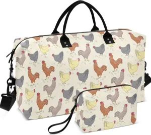 Bird Rooster Chicken Beige Farm Duffle Bags Travel Cosmetic Pouch Set, Fun Sports Duffle Bag Overnight Bags