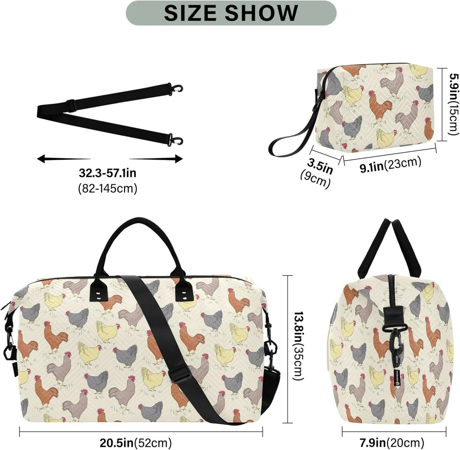 Bird Rooster Chicken Beige Farm Duffle Bags Travel Cosmetic Pouch Set, Fun Sports Duffle Bag Overnight Bags