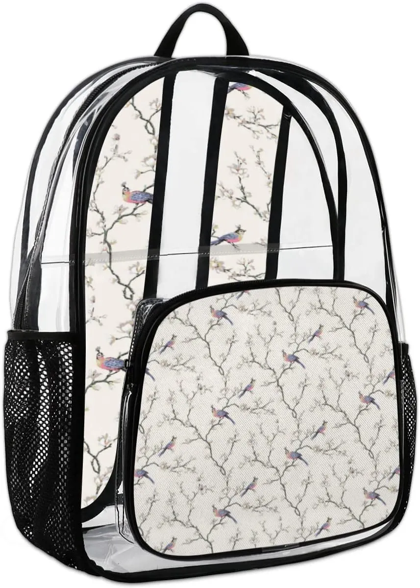 Birds On Tree Branch Clear Backpack Stadium Approved Heavy Duty PVC Transparent Backpacks Large Laptop Backpack for Work Travel Sports Events Concerts