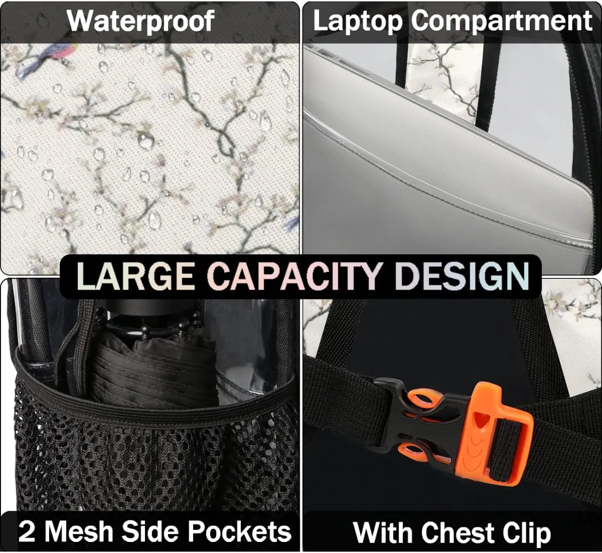 Birds On Tree Branch Clear Backpack Stadium Approved Heavy Duty PVC Transparent Backpacks Large Laptop Backpack for Work Travel Sports Events Concerts