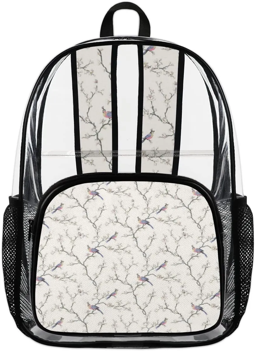 Birds On Tree Branch Clear Backpack Stadium Approved Heavy Duty PVC Transparent Backpacks Large Laptop Backpack for Work Travel Sports Events Concerts