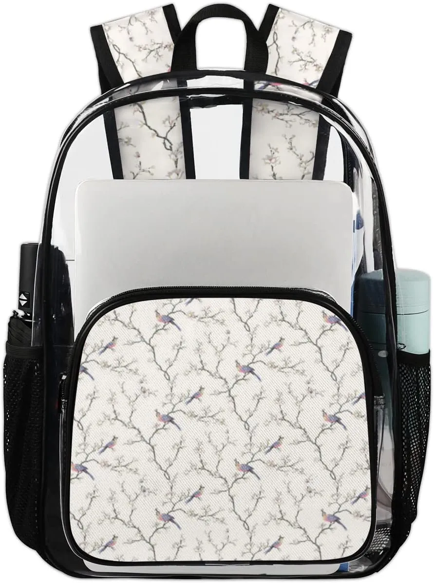 Birds On Tree Branch Clear Backpack Stadium Approved Heavy Duty PVC Transparent Backpacks Large Laptop Backpack for Work Travel Sports Events Concerts