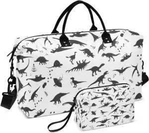 Black and White Dinosaurs Duffel Bag for Gym Yoga Weekender Overnight Quilting Travel Bag Set