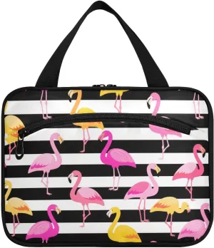 Black and White Striped Flamingo hanging bags for traveling with hook, designer compact shaving bag for men for travelers travel estuche para brochas maquillaje L