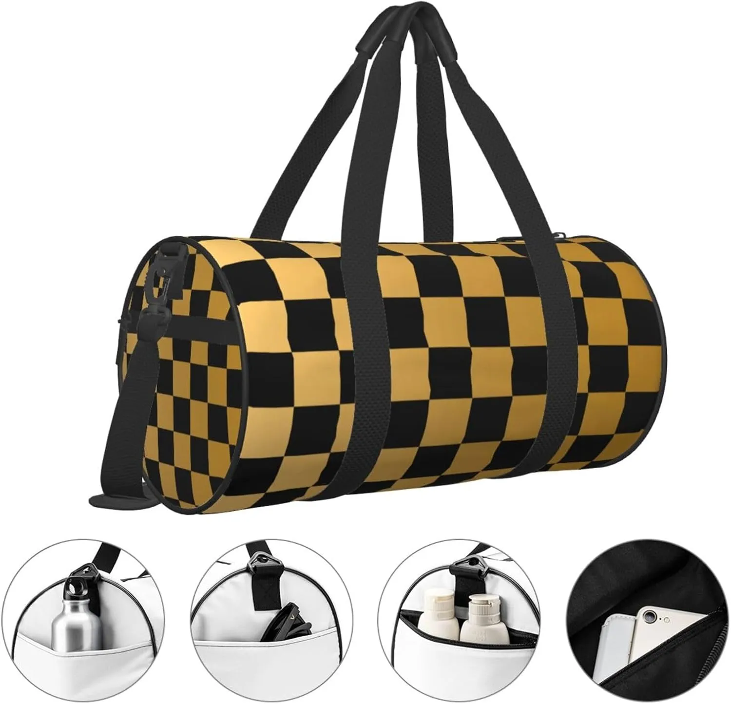 Black And Yellow Checkered Sports Gym Bag Travel Duffel Bag Shoes Compartment For Men Women Foldable Lightweight Yoga Gym Sports Bag