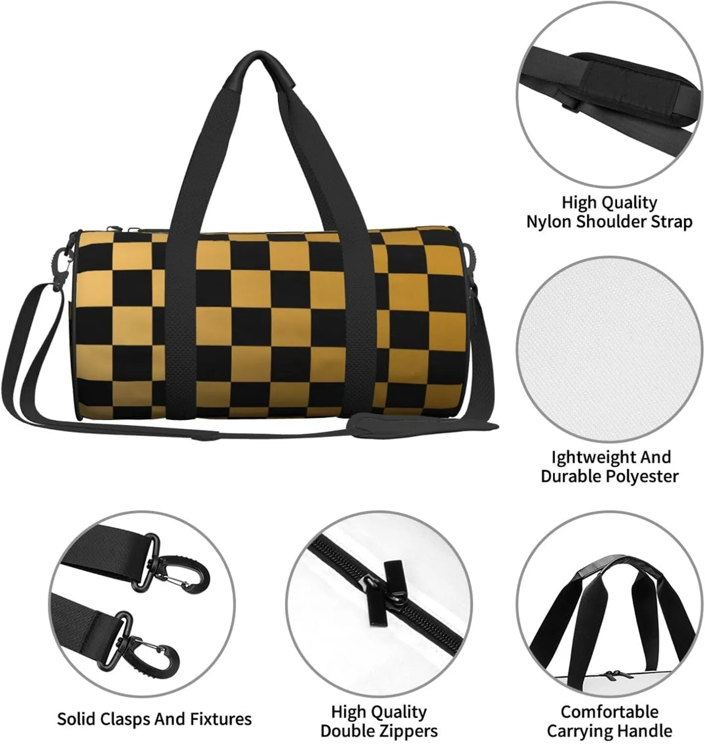 Black And Yellow Checkered Sports Gym Bag Travel Duffel Bag Shoes Compartment For Men Women Foldable Lightweight Yoga Gym Sports Bag
