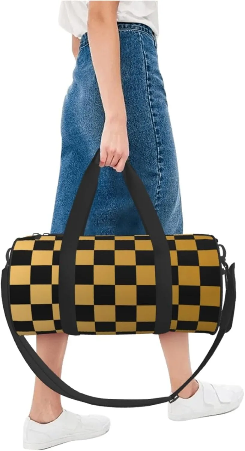 Black And Yellow Checkered Sports Gym Bag Travel Duffel Bag Shoes Compartment For Men Women Foldable Lightweight Yoga Gym Sports Bag
