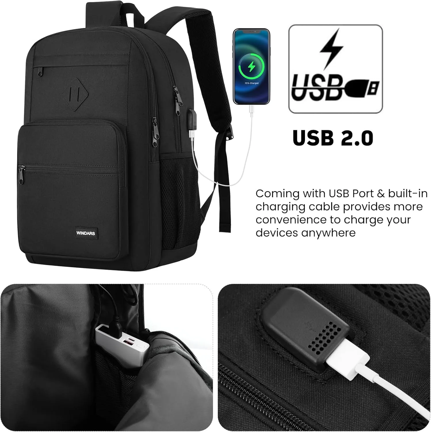 Black Backpack for Men Women, Durable Casual School Backpacks Teens Boys and Girls Classic 17.3 Inch Laptop Bookbag with USB Charger for College High School Work Travel