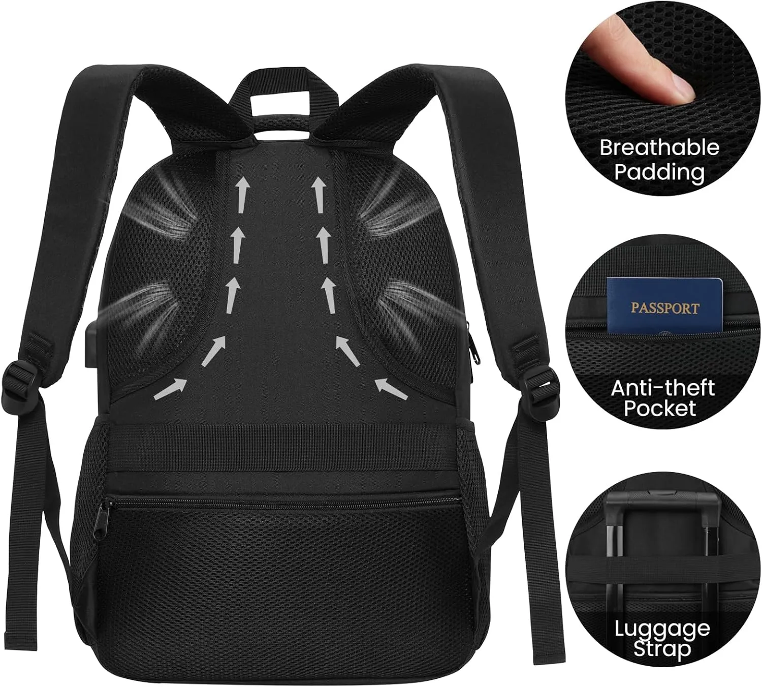 Black Backpack for Men Women, Durable Casual School Backpacks Teens Boys and Girls Classic 17.3 Inch Laptop Bookbag with USB Charger for College High School Work Travel