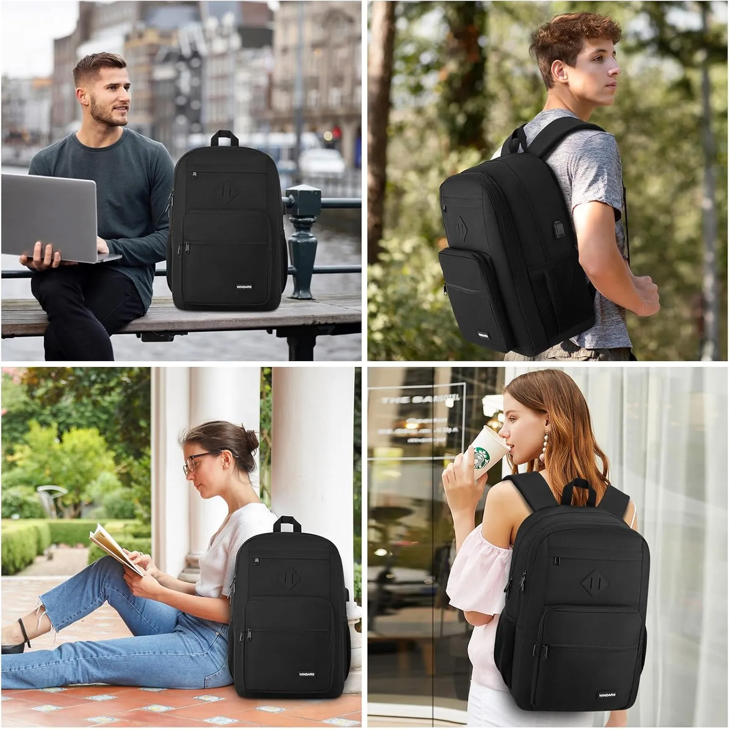 Black Backpack for Men Women, Durable Casual School Backpacks Teens Boys and Girls Classic 17.3 Inch Laptop Bookbag with USB Charger for College High School Work Travel
