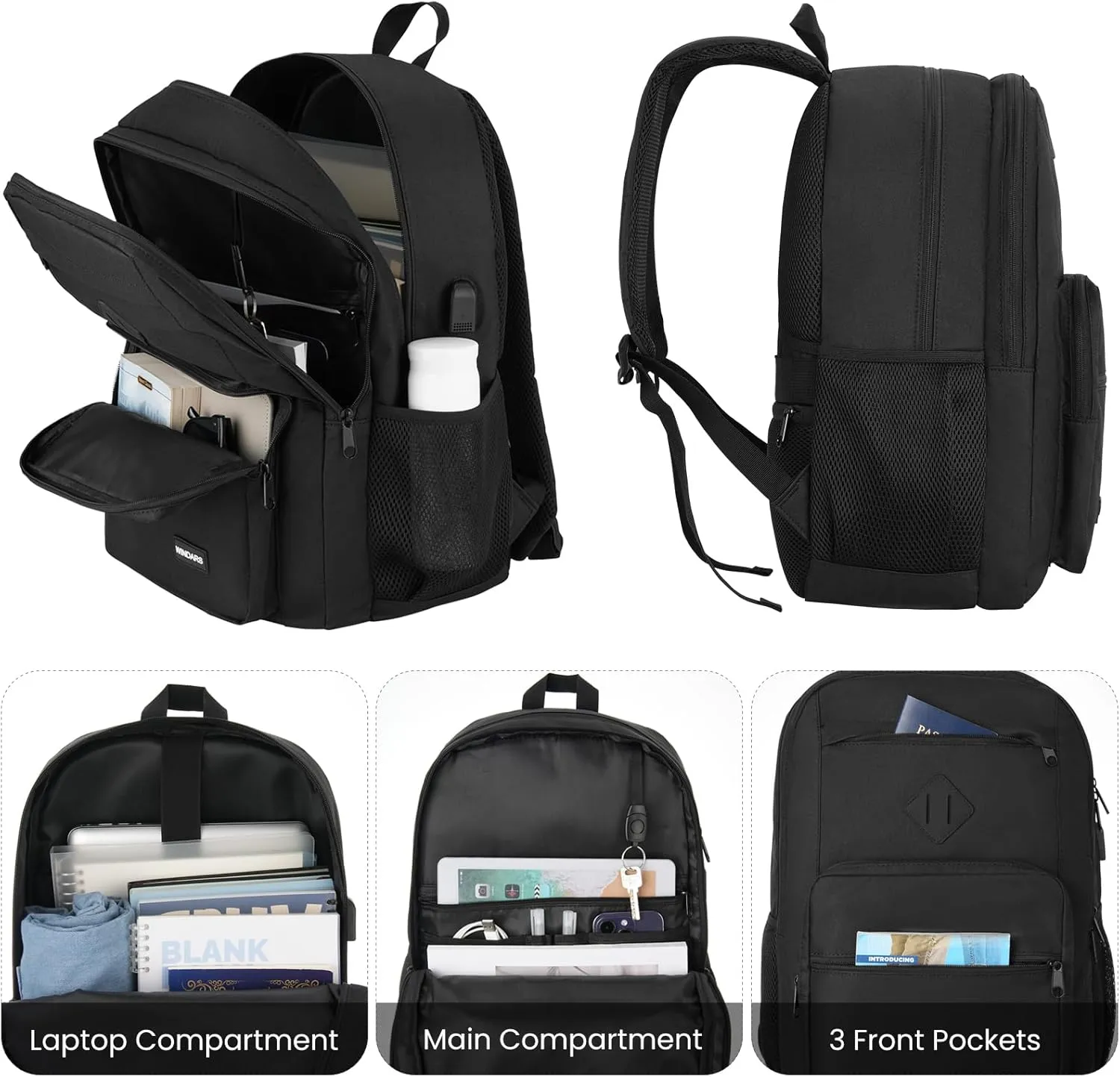 Black Backpack for Men Women, Durable Casual School Backpacks Teens Boys and Girls Classic 17.3 Inch Laptop Bookbag with USB Charger for College High School Work Travel