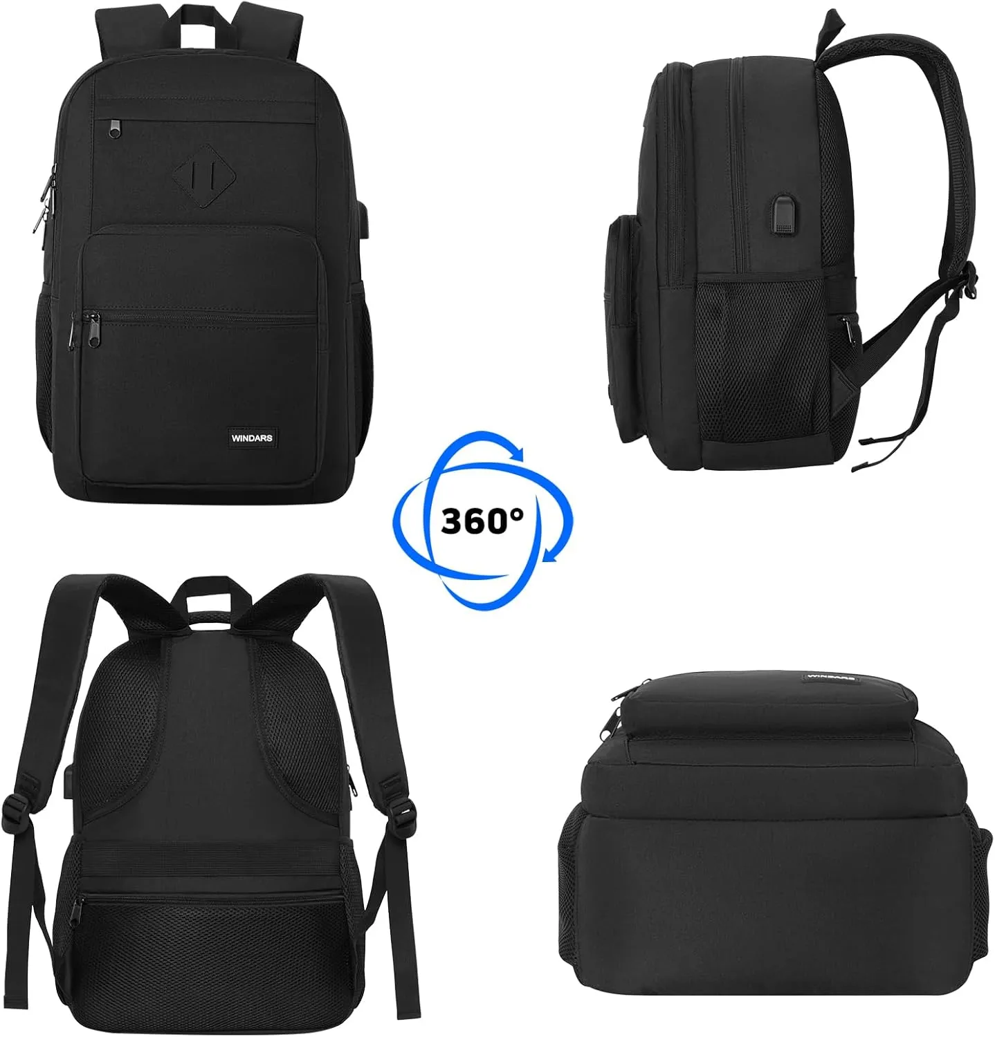 Black Backpack for Men Women, Durable Casual School Backpacks Teens Boys and Girls Classic 17.3 Inch Laptop Bookbag with USB Charger for College High School Work Travel