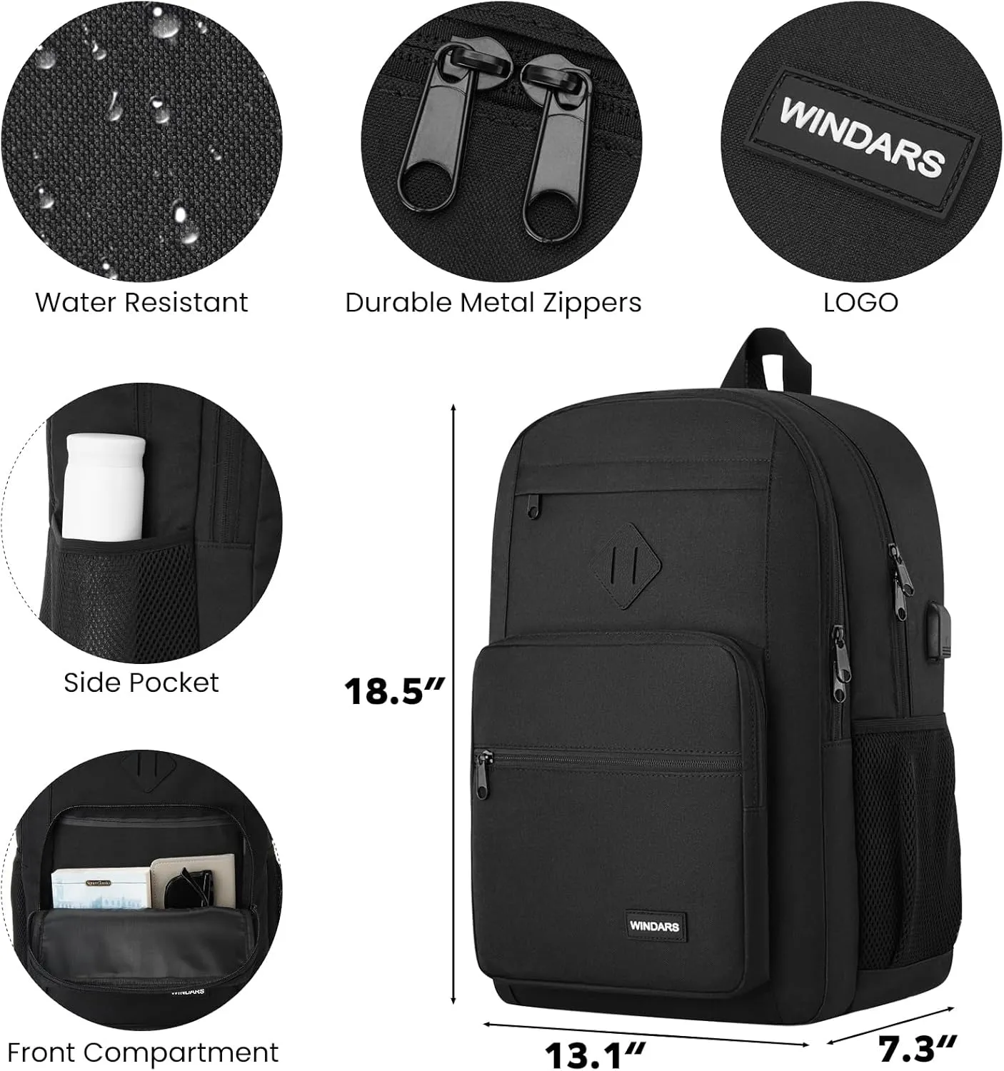 Black Backpack for Men Women, Durable Casual School Backpacks Teens Boys and Girls Classic 17.3 Inch Laptop Bookbag with USB Charger for College High School Work Travel